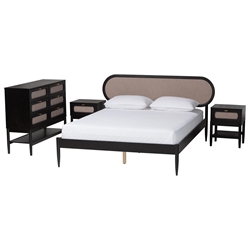 Baxton Studio Shirin Mid-Century Beige Fabric and Black Wood Queen 4-Piece Bedroom Set with Two nightstands